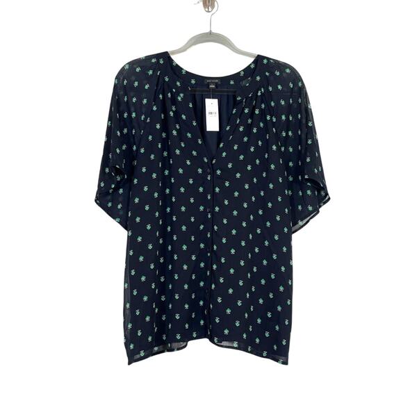 Ann Taylor Womens Shamrock Button Up Short Sleeve Blouse Navy Size Large NWT - Picture 1 of 6